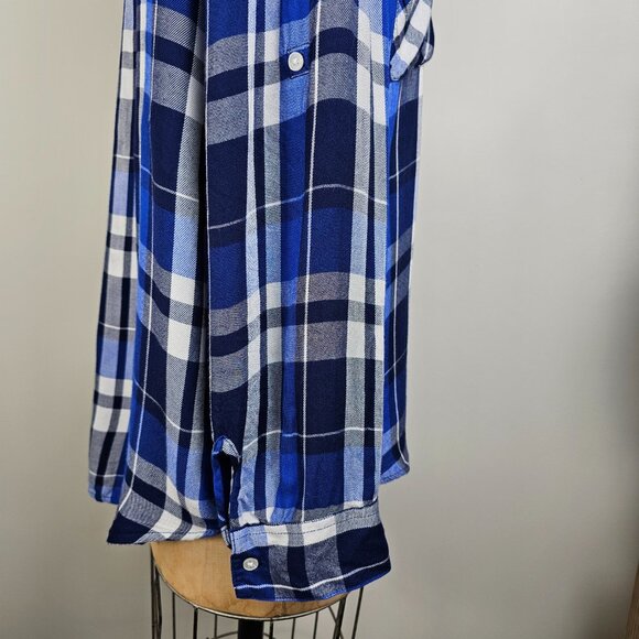 Express Coastal Academian Blue Plaid Roll-Tab Shirt Small - Picture 11 of 11